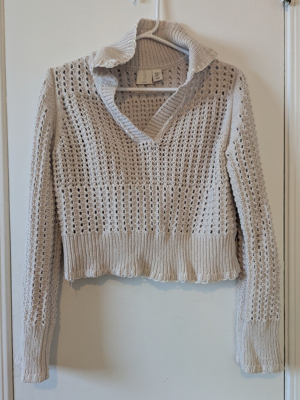 Joie Cream Open-Knit V-Neck Sweater with Fold Collar